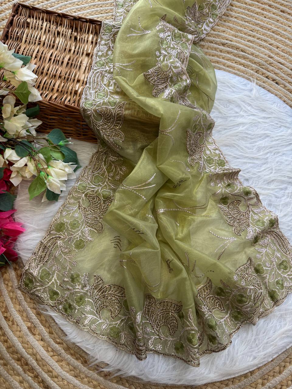 Pure Tissue Silk in solid color Saree With Embroidery viscose thread work with zarkhan