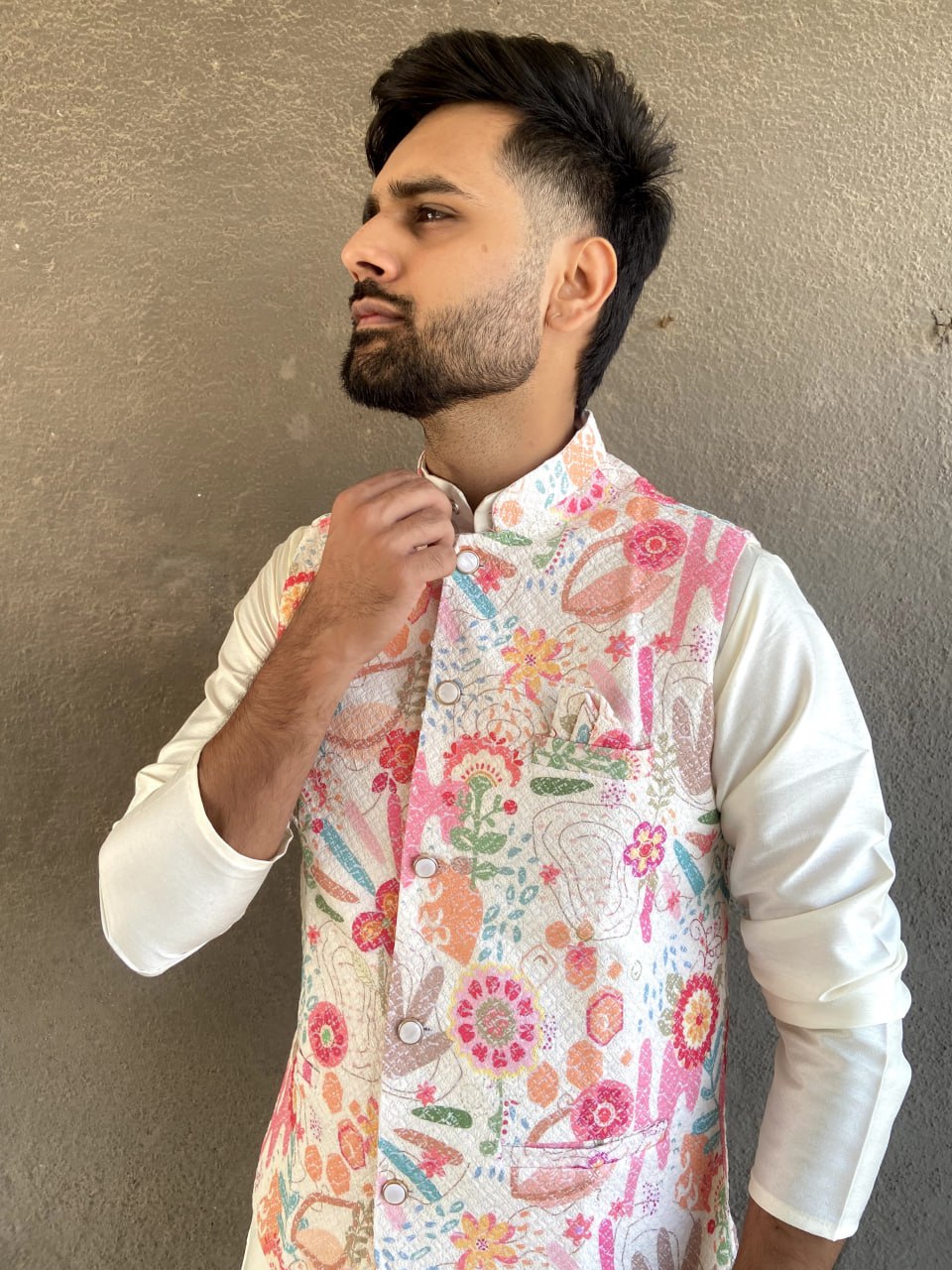 MENS'S KURTA PAJAM WITH JACKET SEQUNCE WORK AND PRINT