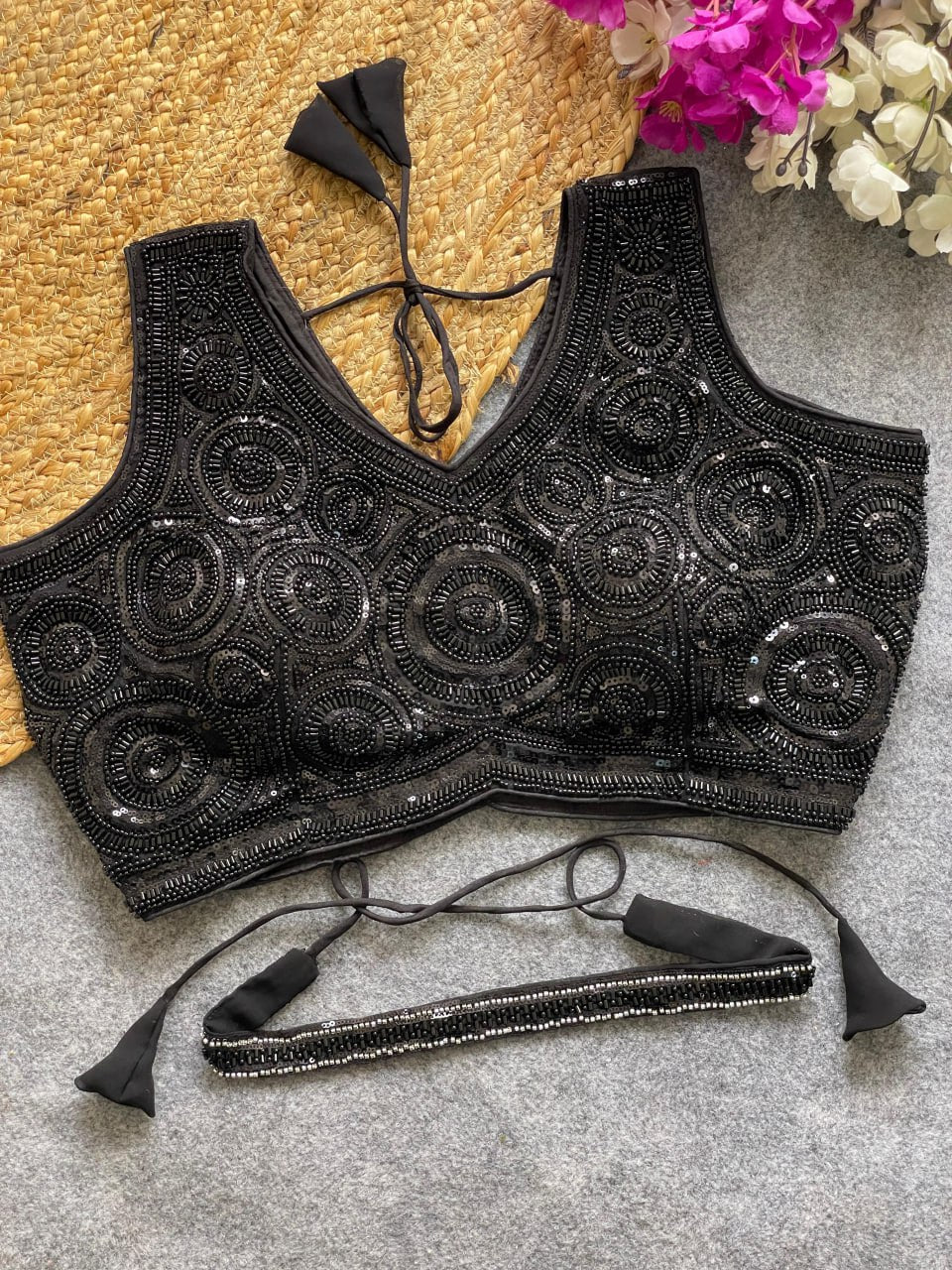 Stars & Beads Work on Neckline with Sequence & Cording Thread Embroidery Blouse