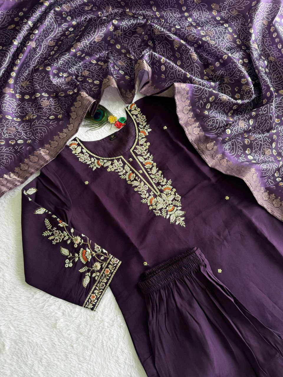 Roman Silk Multicolor Embroidery Work Suit