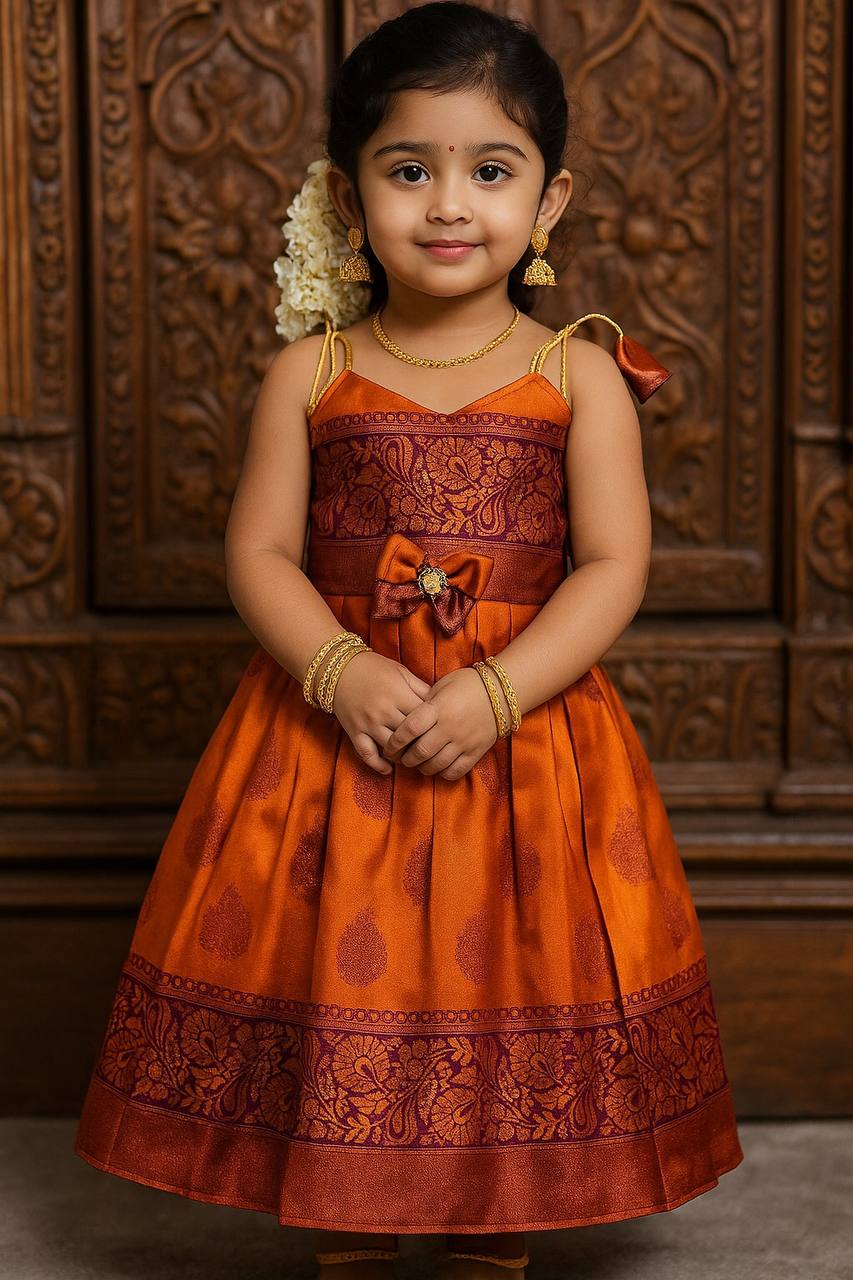 Kids Silk Gown with Jacquard Weaving & Embroidery Lace