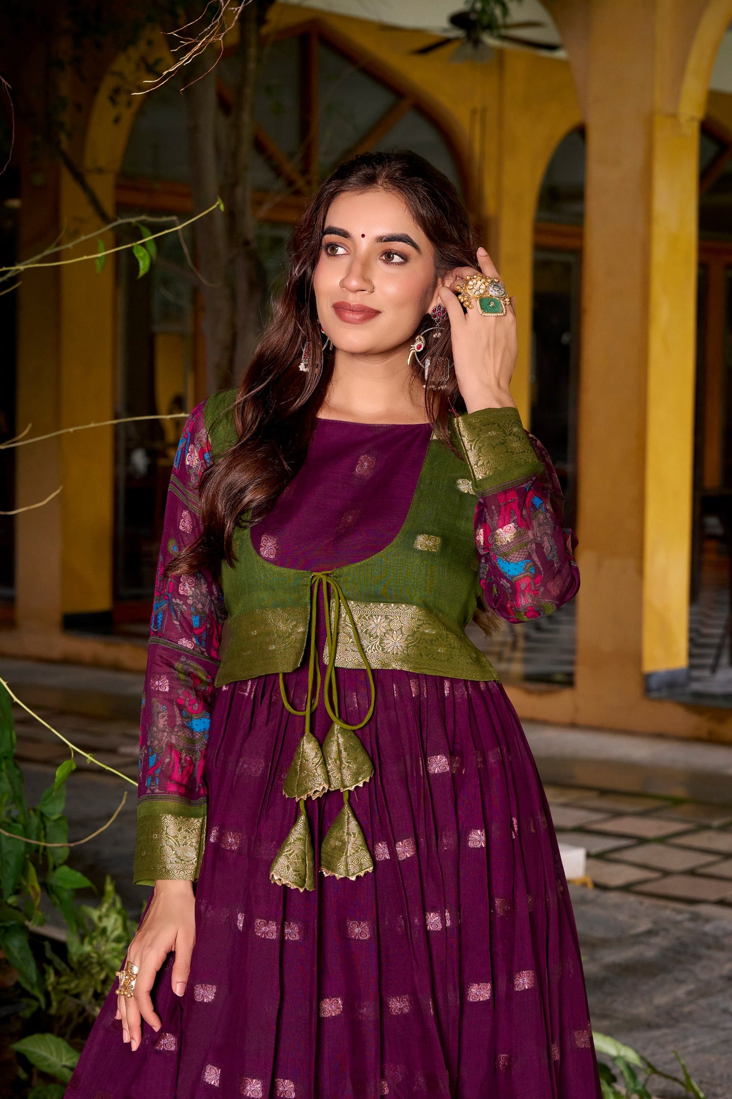 Chanderi-Style Flared Gown with Printed Koti