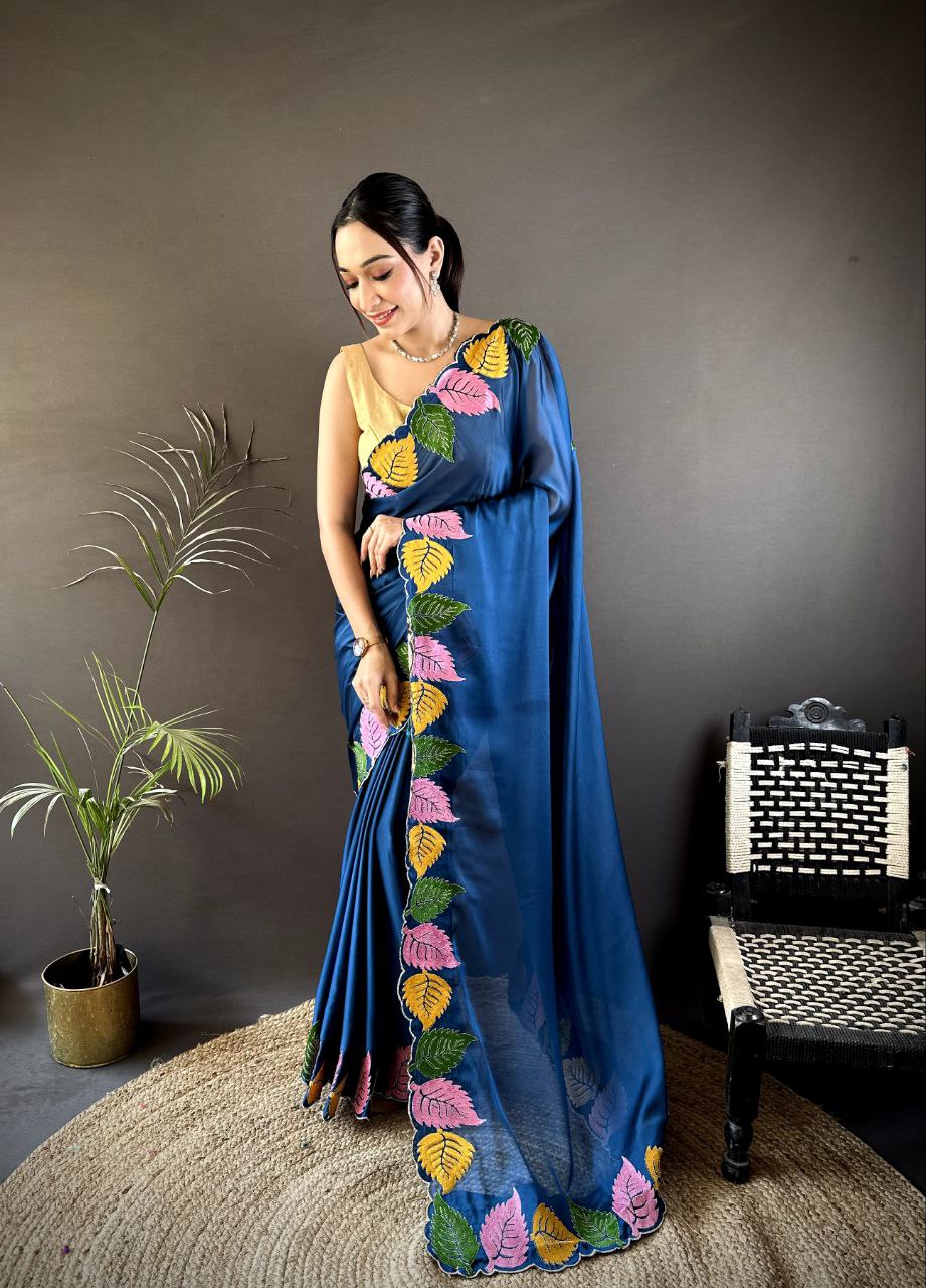 Multicolor Leaf Embroidery Saree in Rangoli Silk