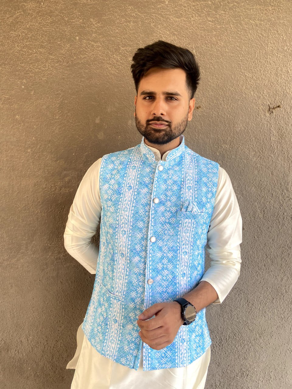 MENS'S KURTA PAJAM WITH JACKET SEQUNCE WORK AND PRINT