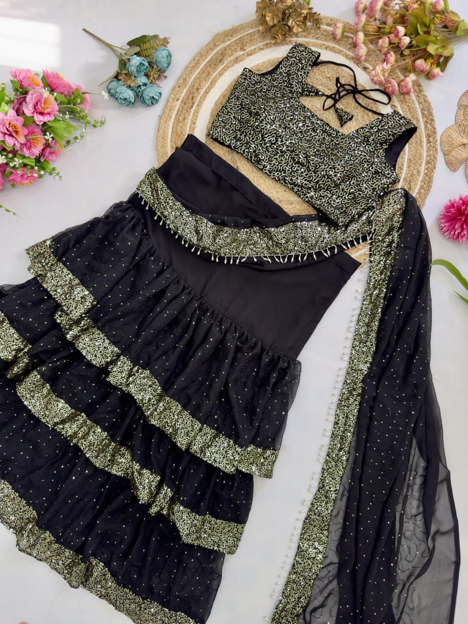 Georgette 3-Layer Ruffle with Attached Dupatta Ready To Wear Saree
