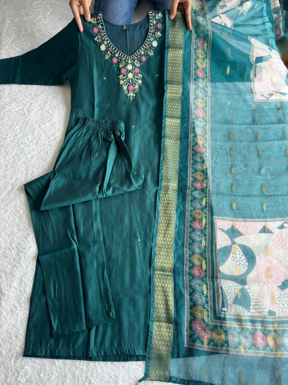 Roman Silk New Designer Kurti Pant Dupatta Set