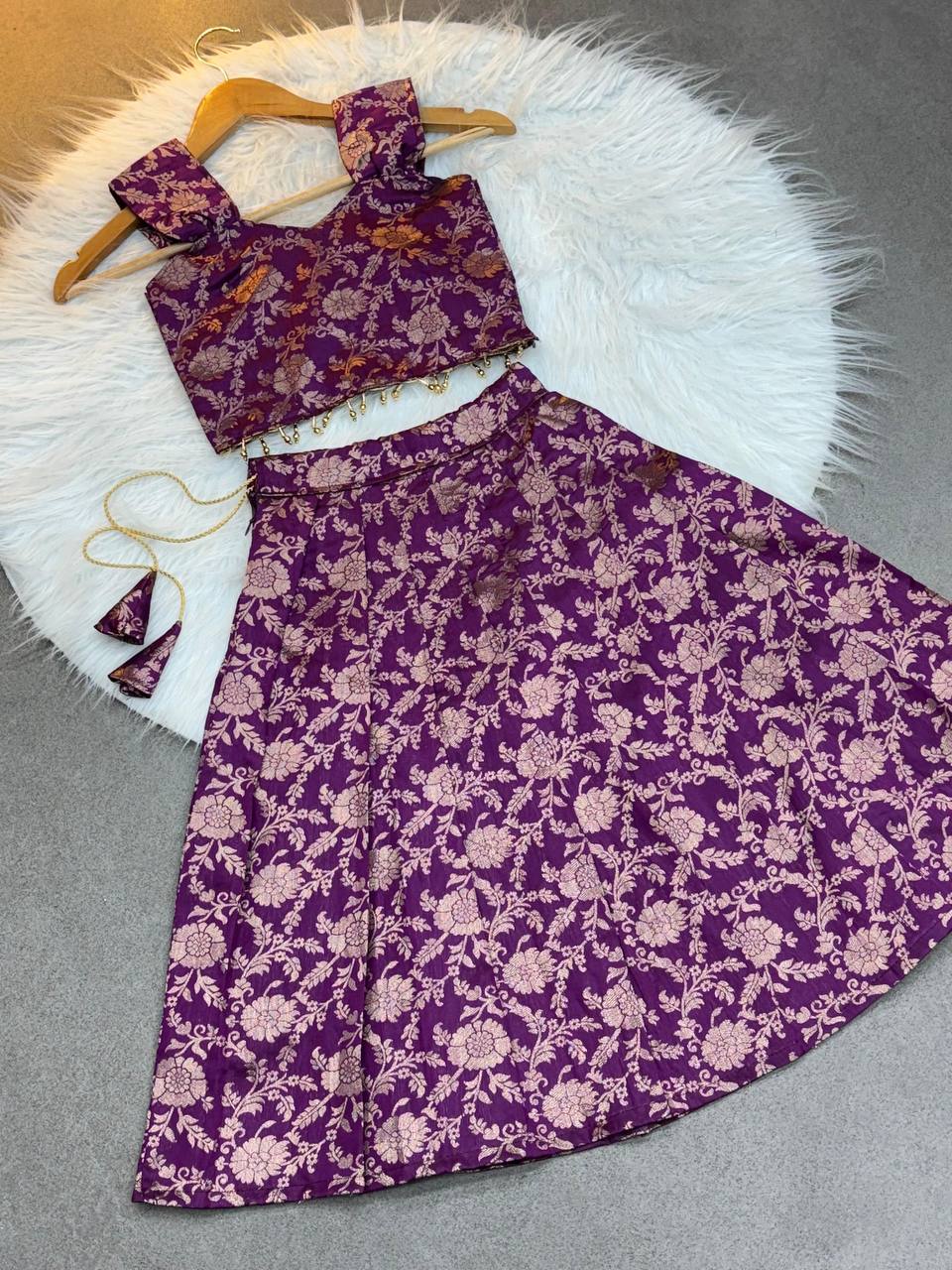 Kids Banarasi Silk Lehenga Choli with Jacquard Weaving & Moti Lace