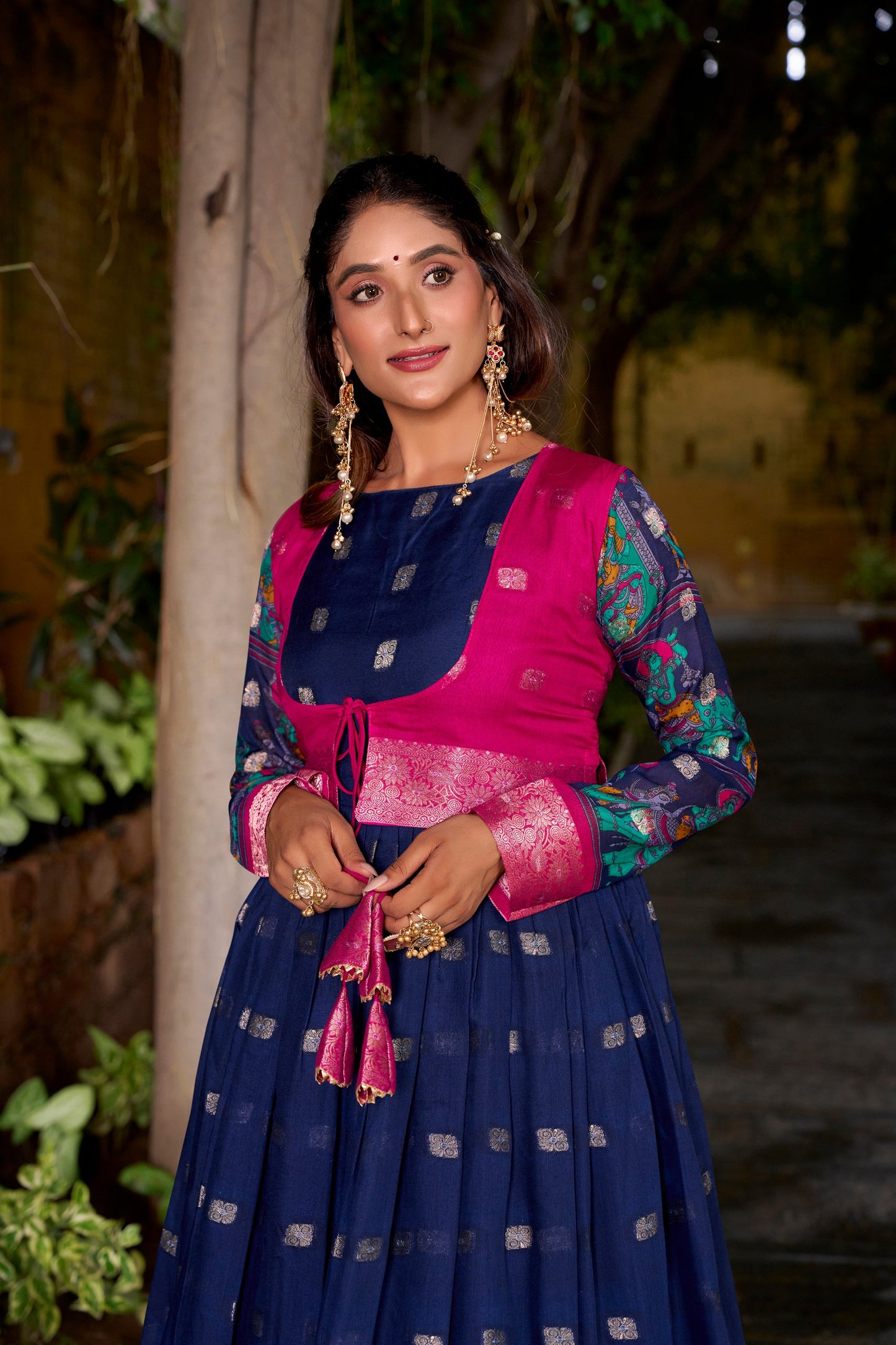 Chanderi-Style Flared Gown with Printed Koti