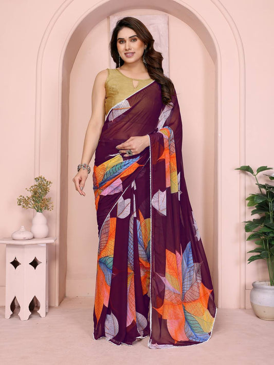 Georgette Silk Printed Ready-to-Wear Saree with Small Lace