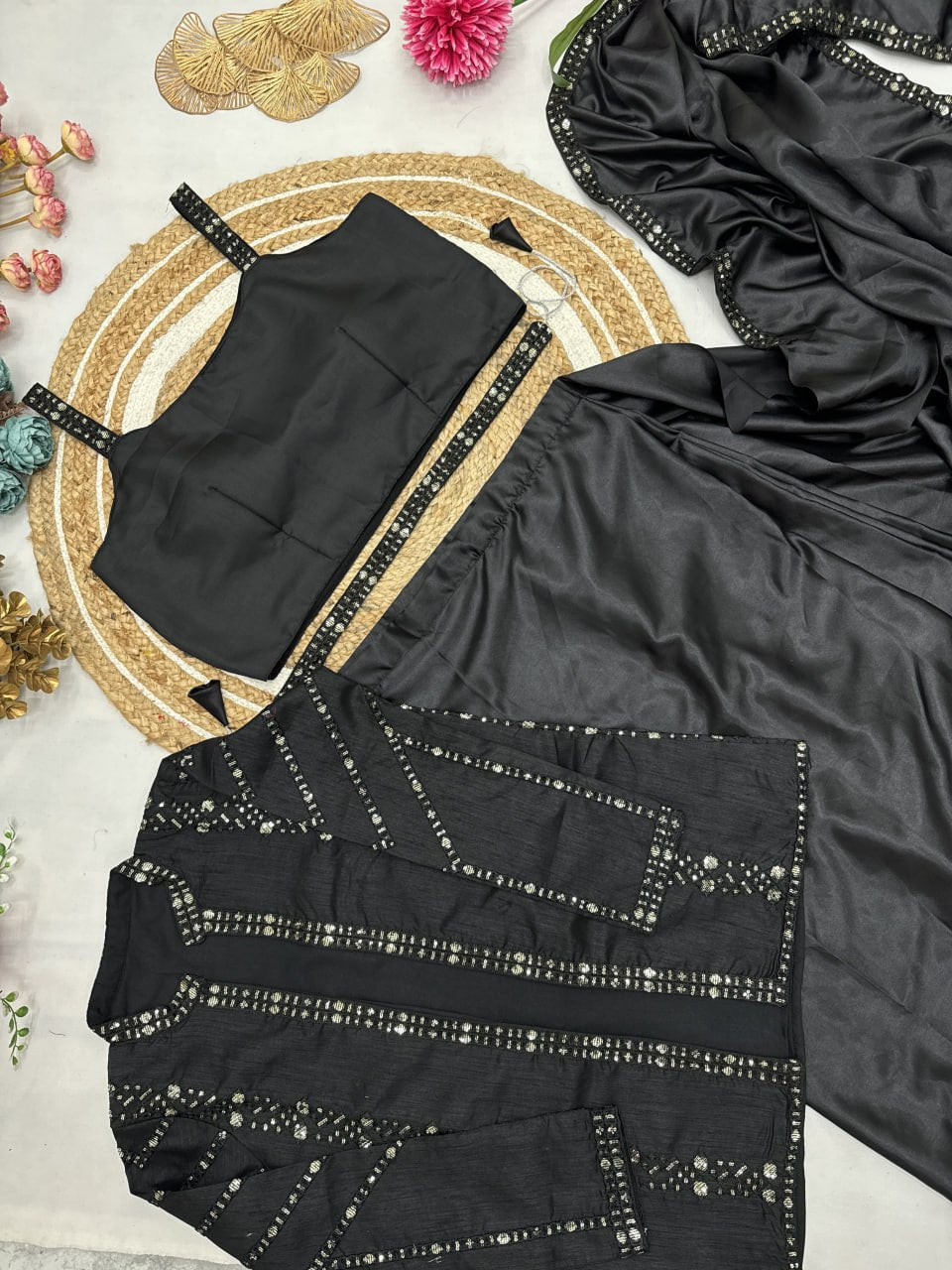 Diamond Satin Silk Multi-Thread Embroidery with Sequence Ready To Wear Saree With Jacket