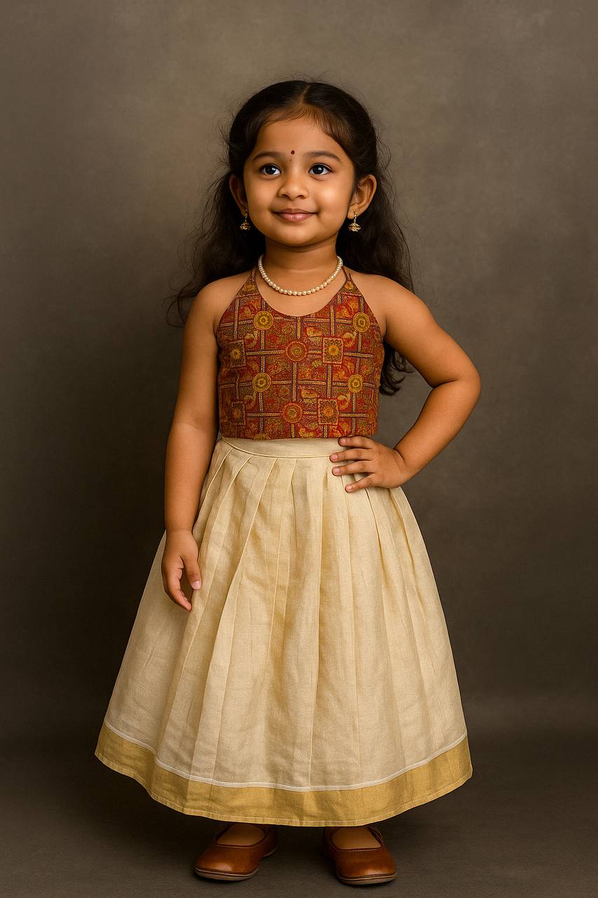 Kids Kerala Silk Lehenga Choli with Ajrakh Print Blouse