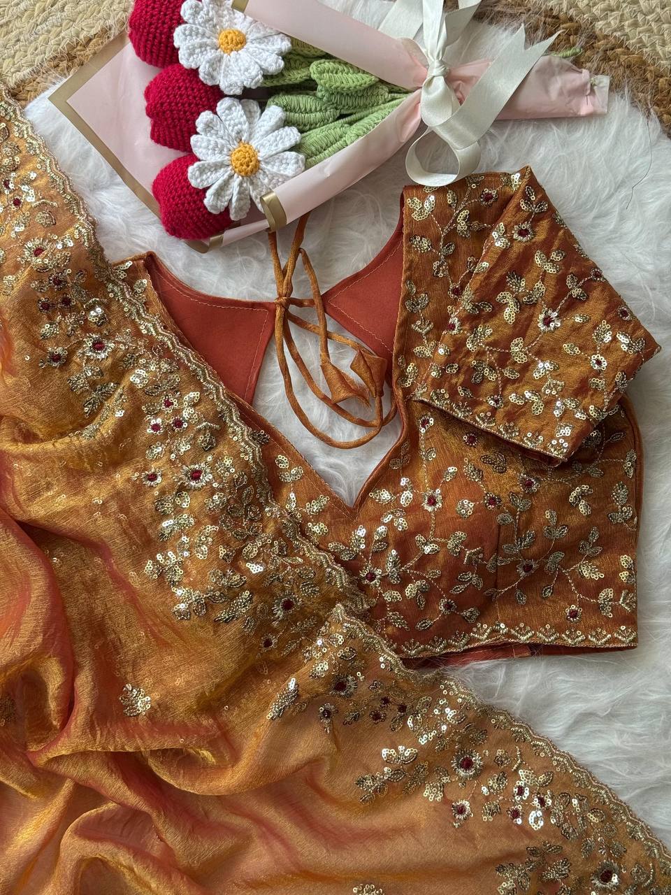 Soft Fendy Chiffon saree with heavy embroidery sequins and thread work
