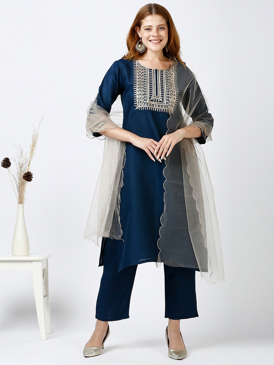 Slub Cotton Fully Stitched Ethnic Set with Dupatta