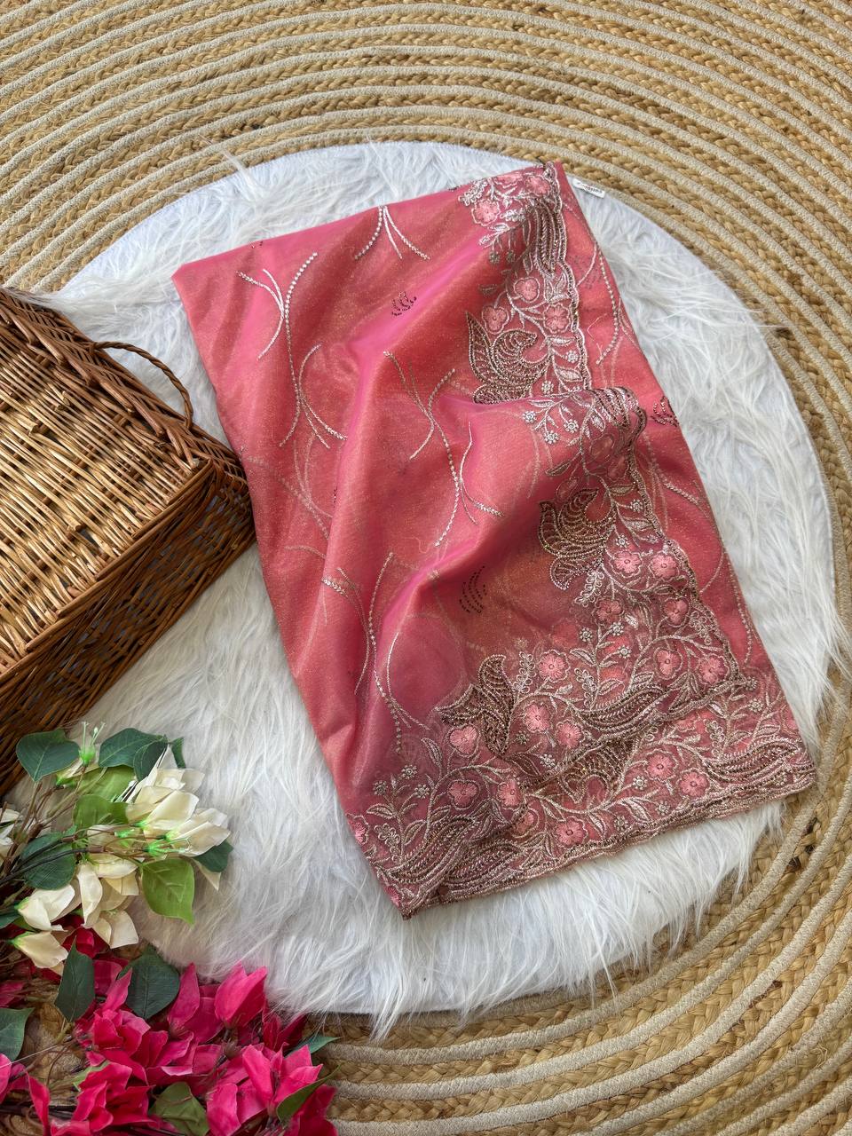 Pure Tissue Silk in solid color Saree With Embroidery viscose thread work with zarkhan