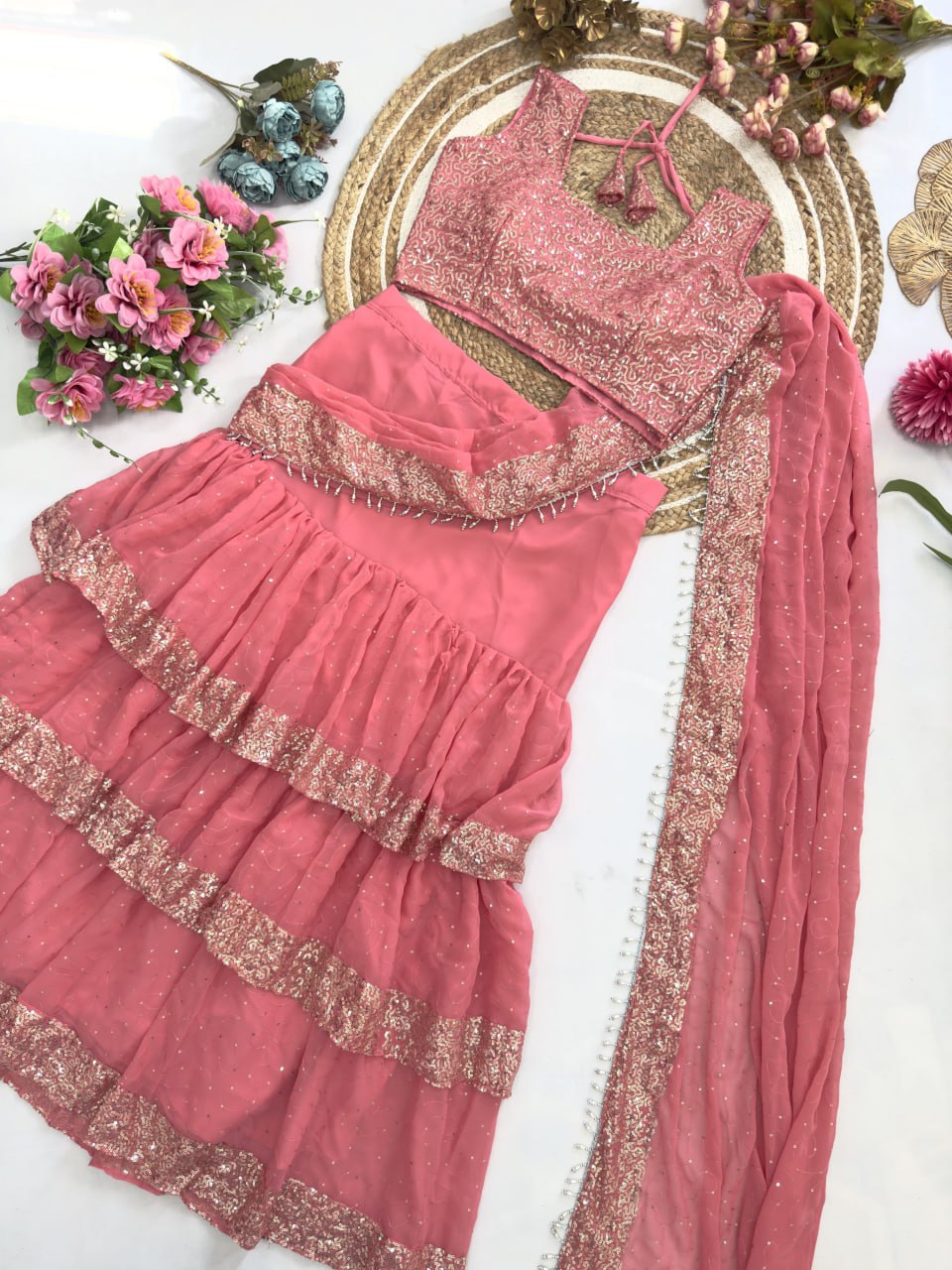 Georgette 3-Layer Ruffle with Attached Dupatta Ready To Wear Saree