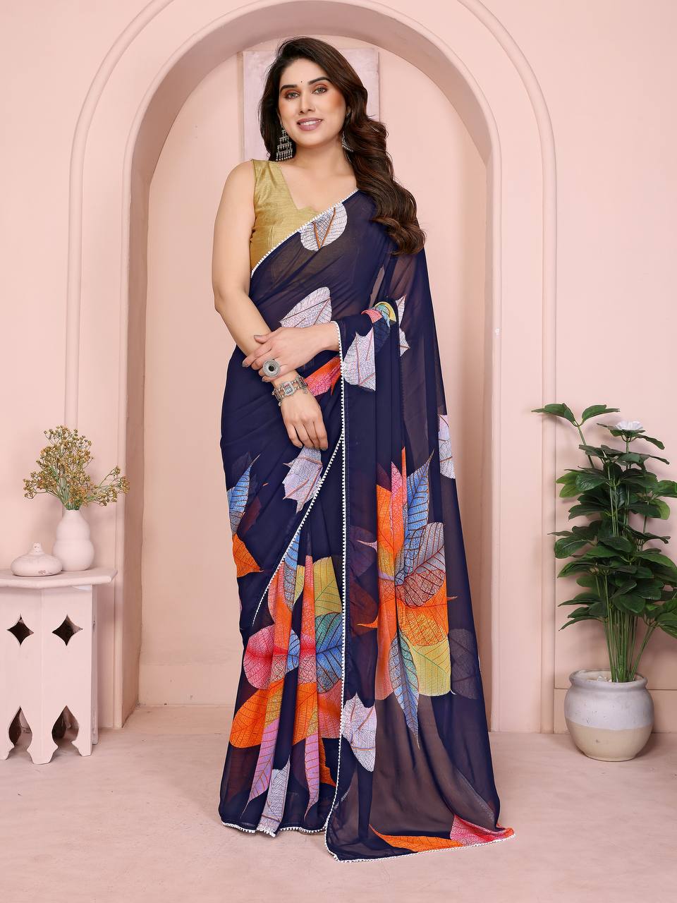 Georgette Silk Printed Ready-to-Wear Saree with Small Lace