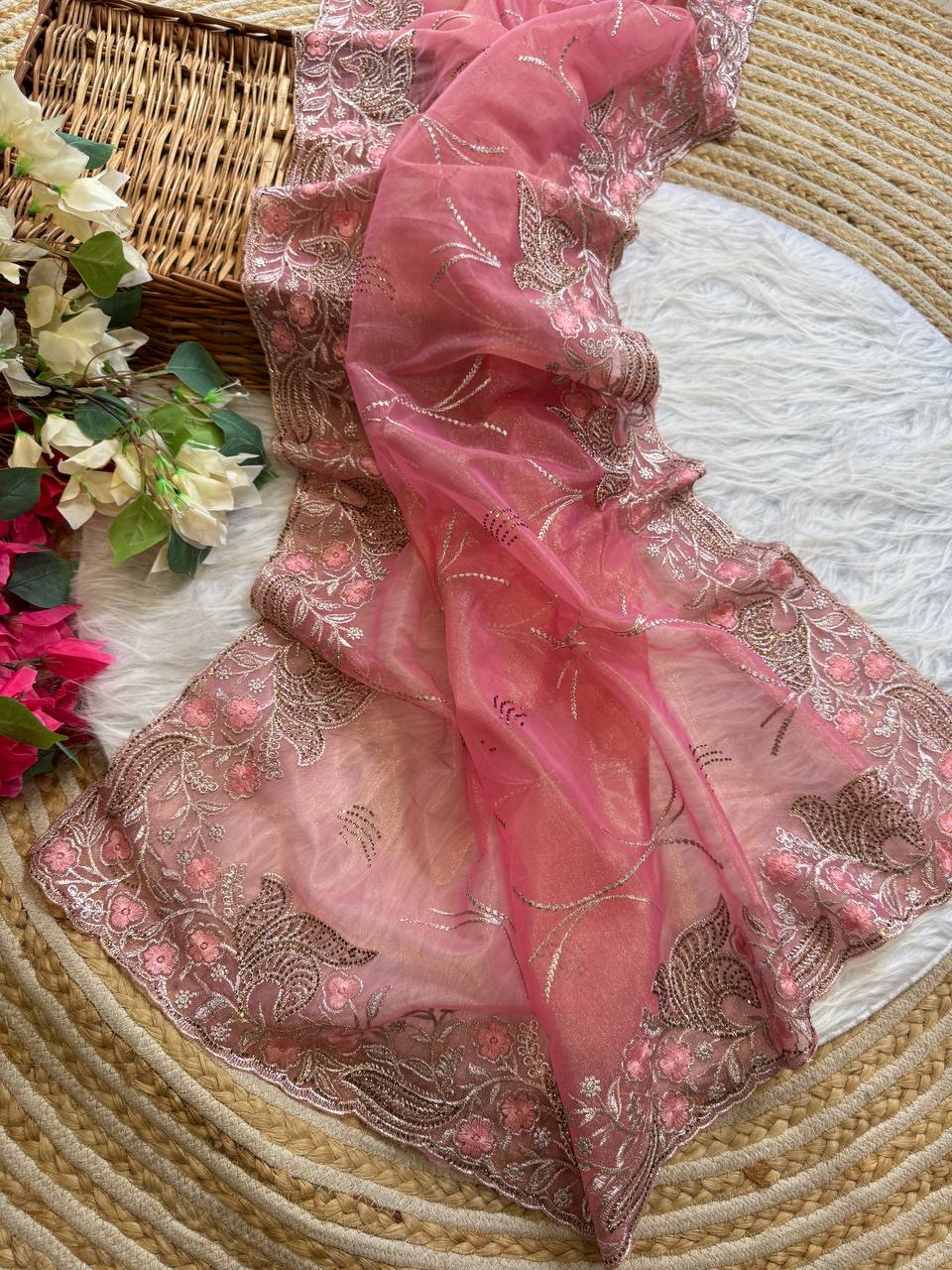 Pure Tissue Silk in solid color Saree With Embroidery viscose thread work with zarkhan