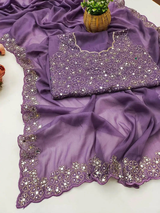 Premium Star Georgette Saree with Diamond Handwork