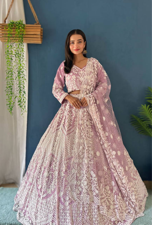 Heavy Mono Net Pure Bitts Pearl Design Work Lehenga