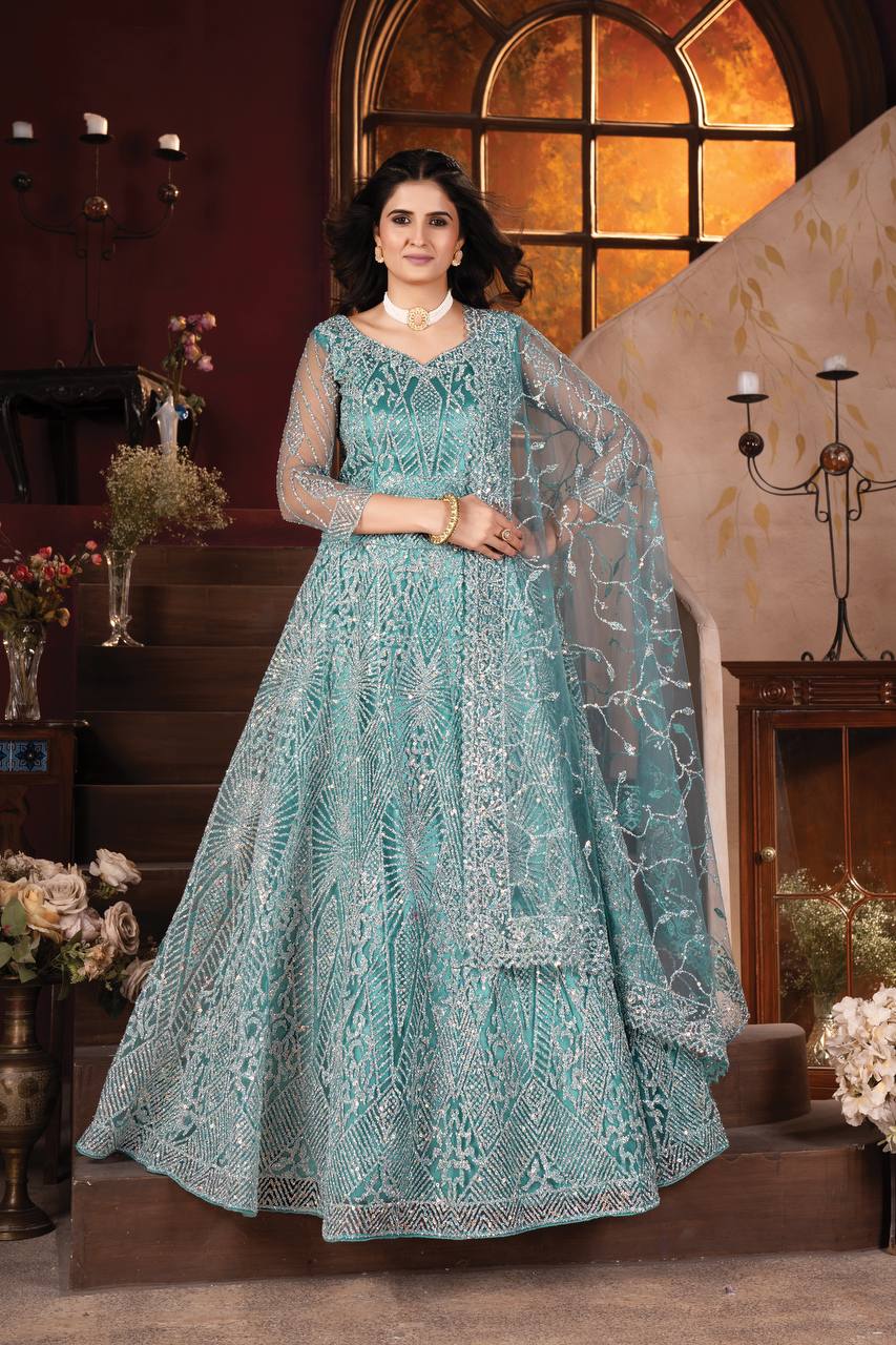 Designer Pure Zarkhan Diamond and Glitter Sequins Design Work Inner: Satin with Crepe Imported Heavy Net
