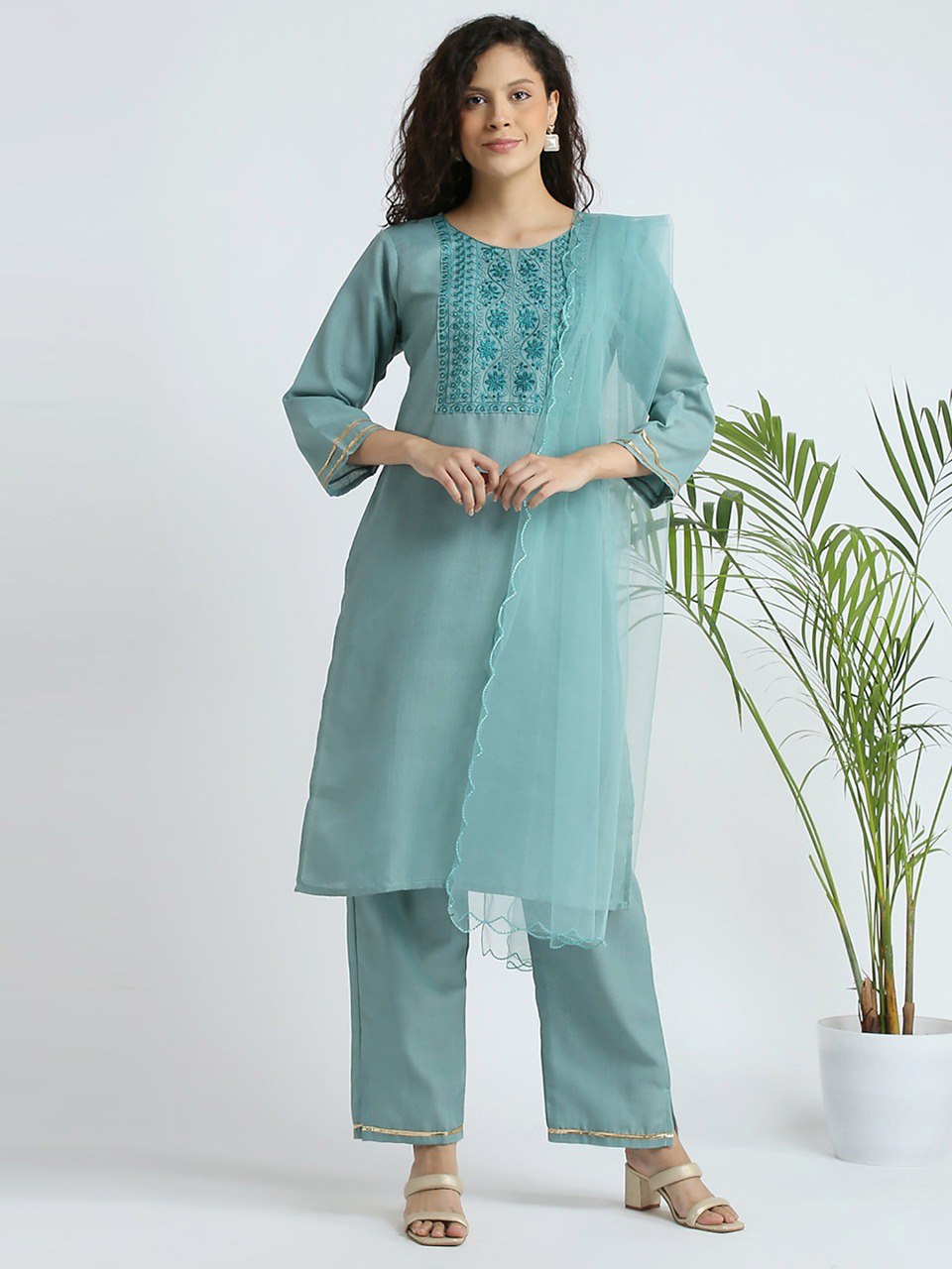 Slub Cotton Fully Stitched Ethnic Set with Dupatta