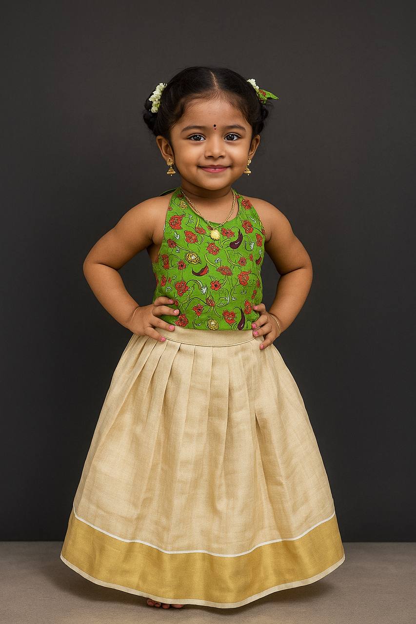 Kids Kerala Silk Lehenga Choli with Ajrakh Print Blouse
