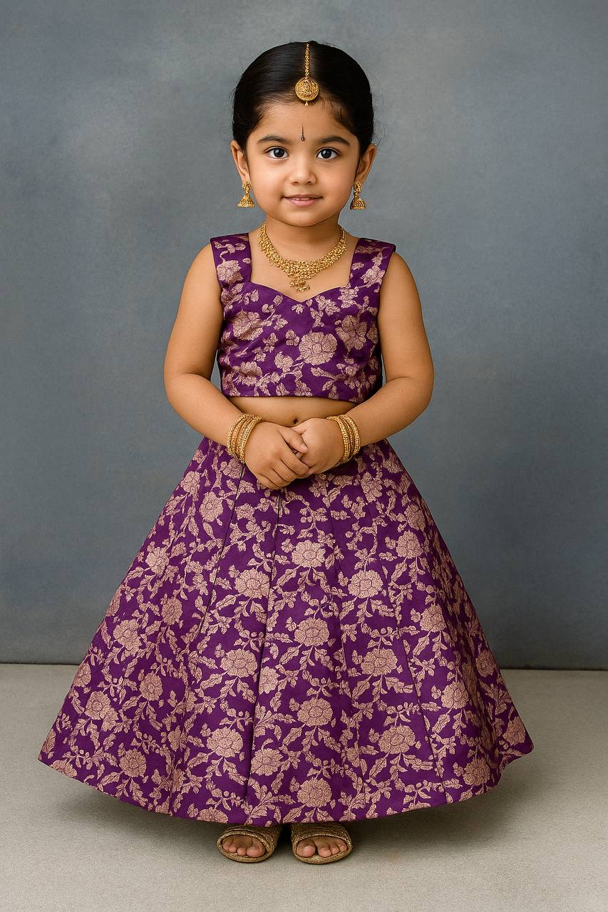 Kids Banarasi Silk Lehenga Choli with Jacquard Weaving & Moti Lace