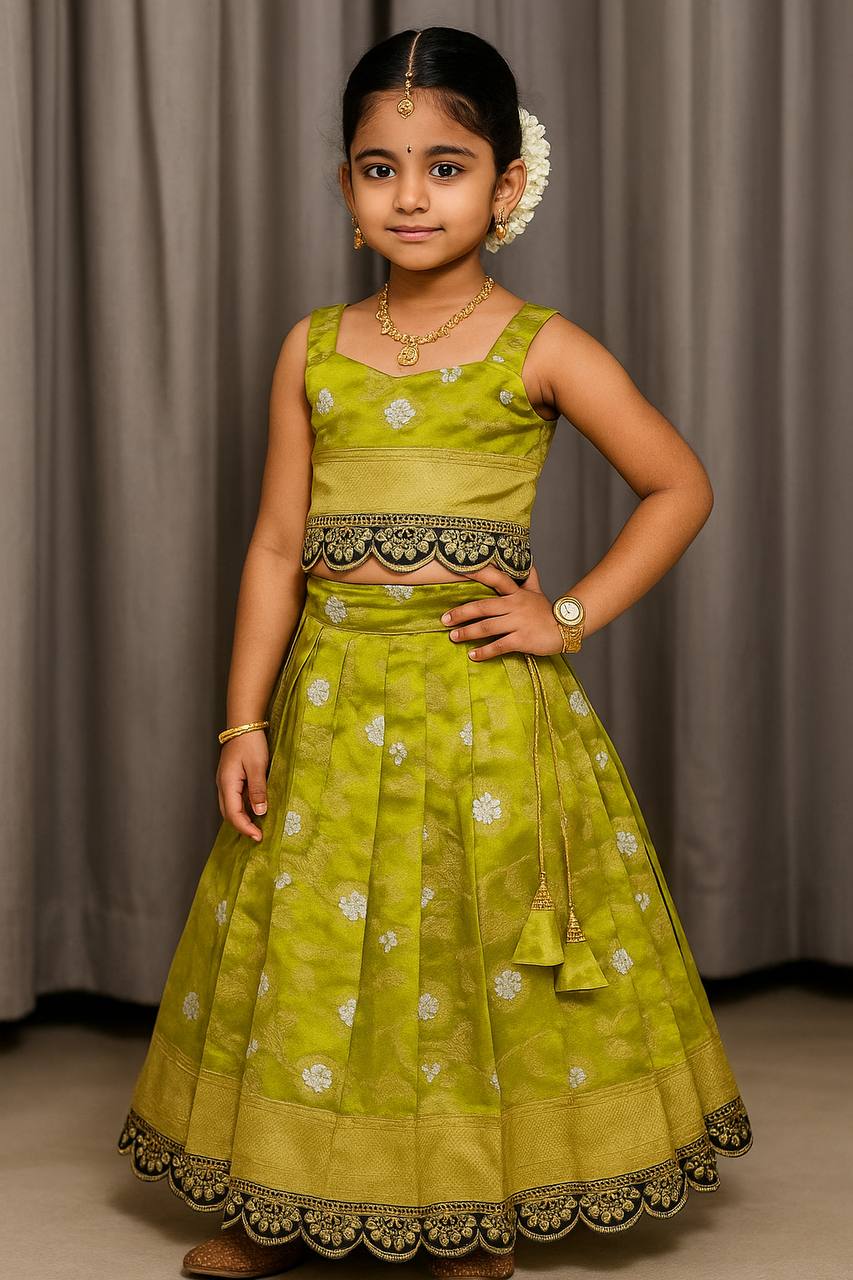 Kids Silk Lehenga Choli with Jacquard Weaving & Embroidery Lace
