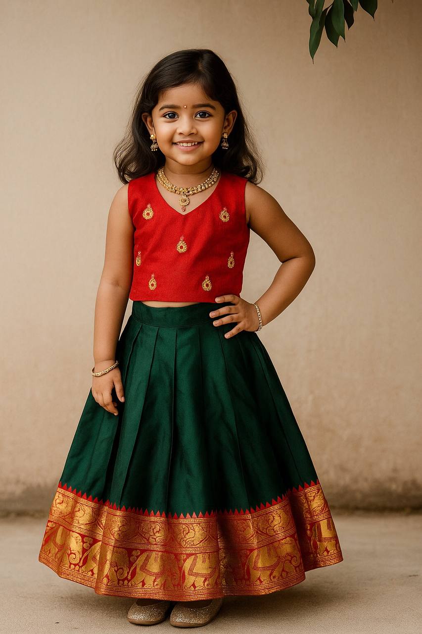 Kids Silk Lehenga Choli with Jacquard Weaving & Embroidery Lace