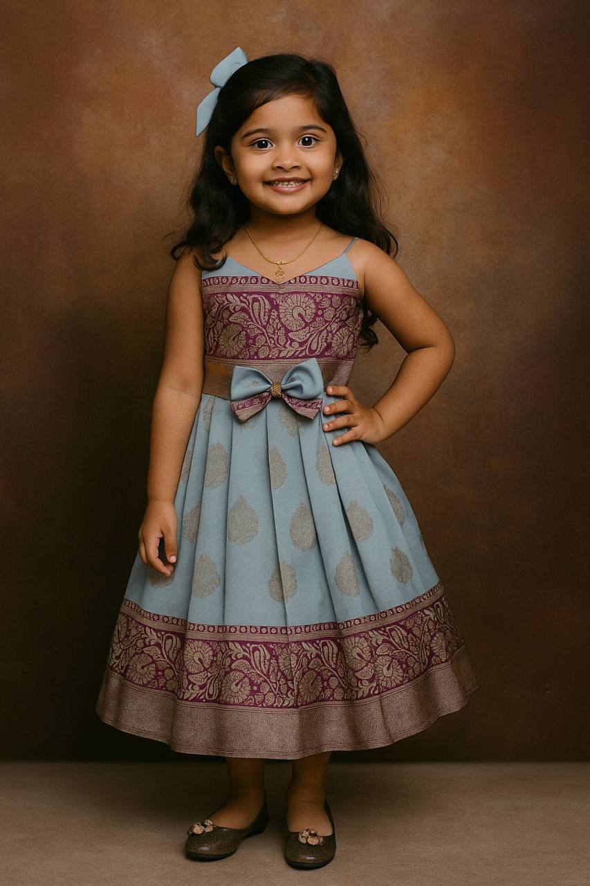 Kids Silk Gown with Jacquard Weaving & Embroidery Lace