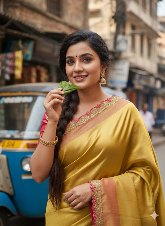 Red Carpet Style Soft Tissue Silk Saree with Brocade Blouse