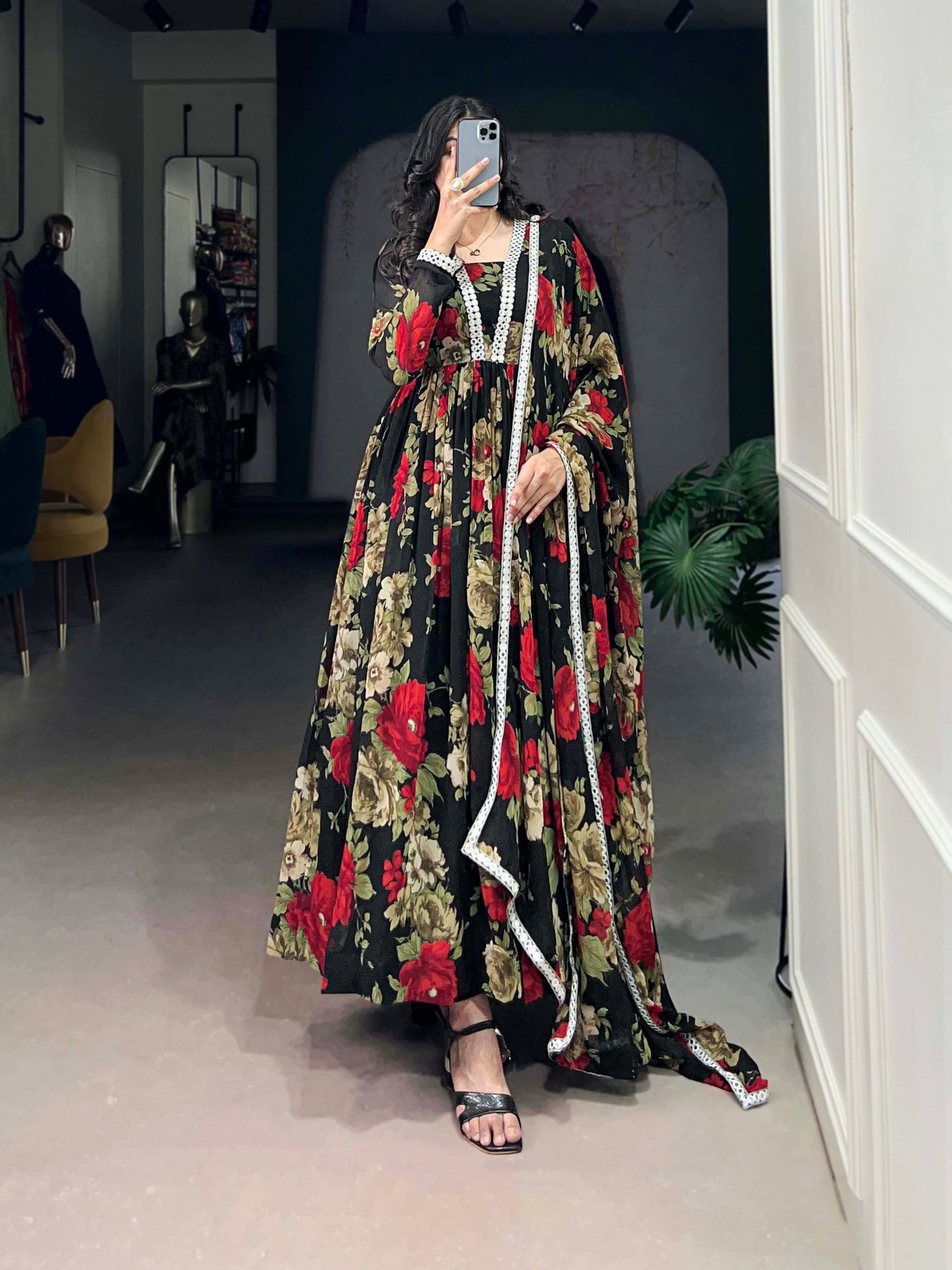 Floral Print Georgette Gown with Dupatta