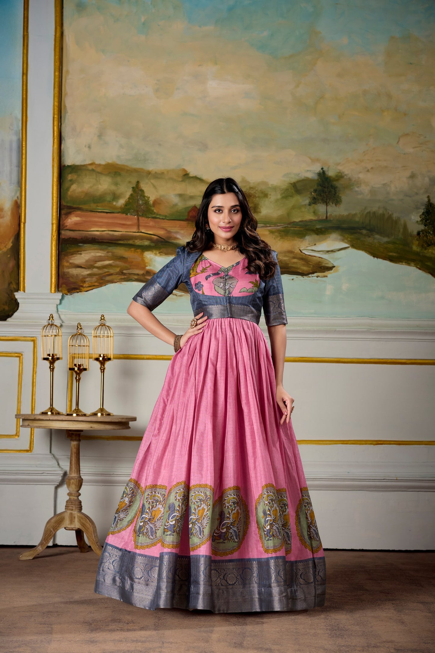 Elegant Dola Silk Kalamkari Print Gown with Zari Weaving Koti