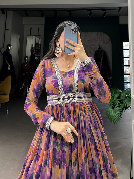 Elegant Georgette Floral Anarkali Gown with Dupatta