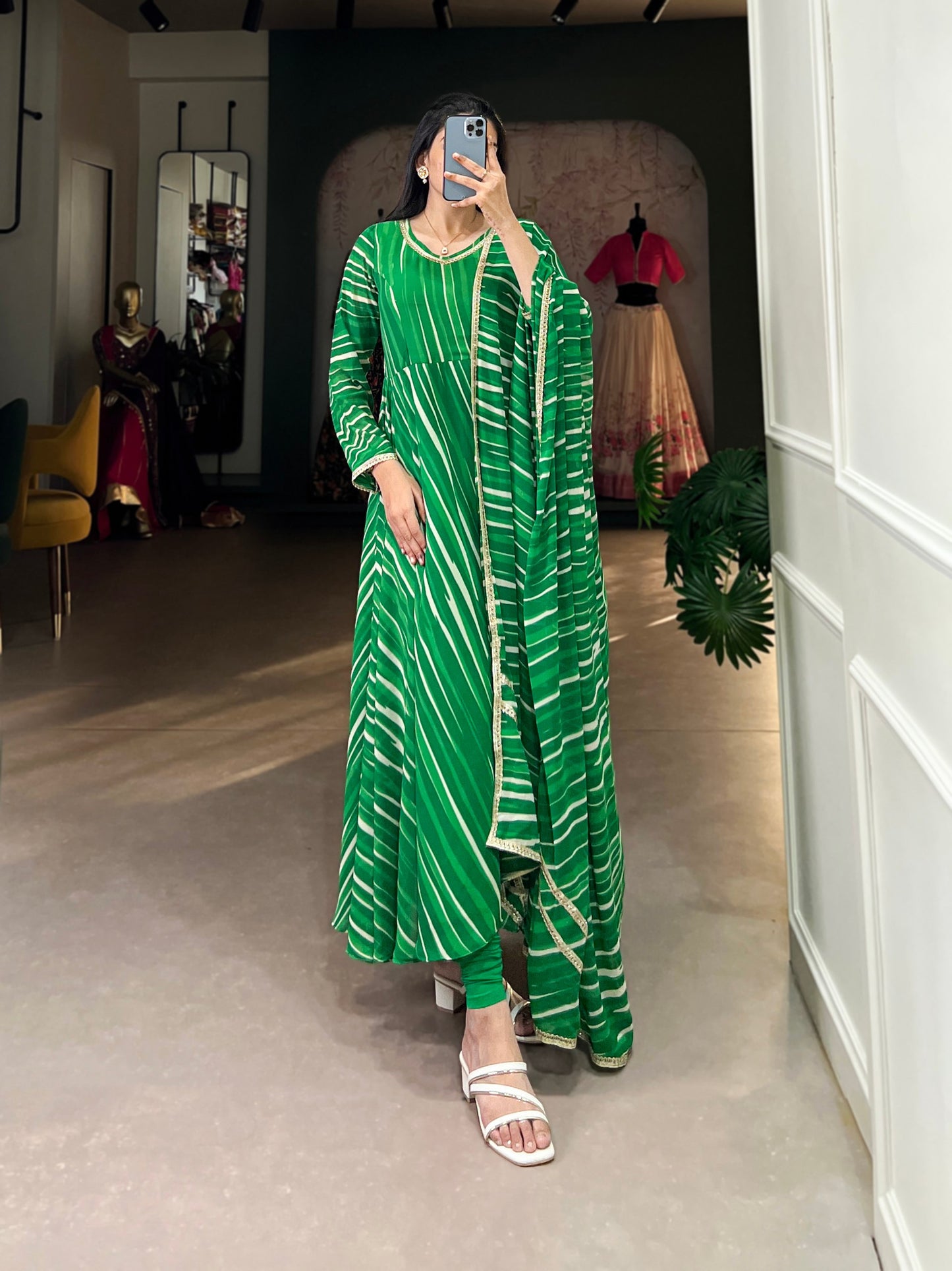 Festive Leheriya Georgette Ready-to-Wear Gown with Dupatta