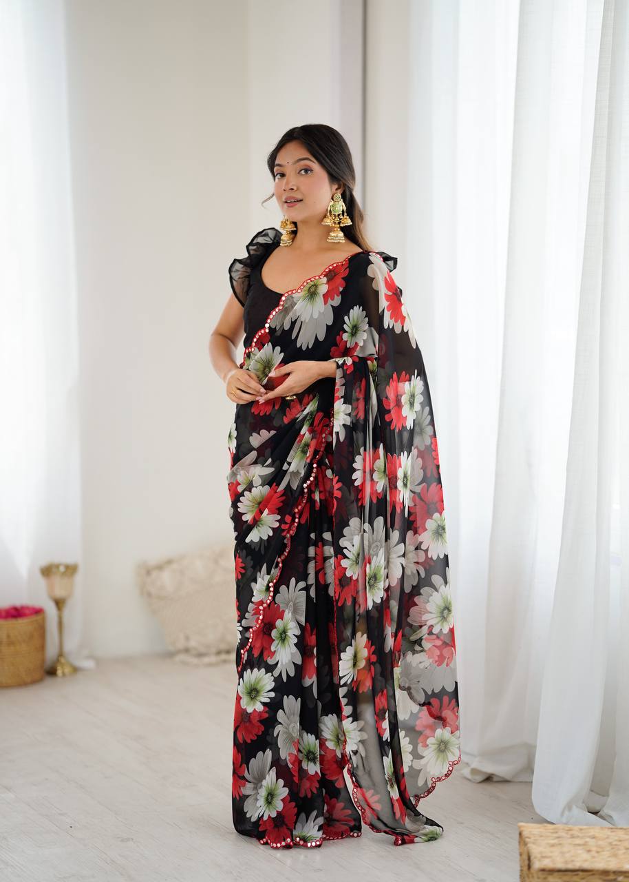 Printed Georgette Silk Saree with Mirror Work Border