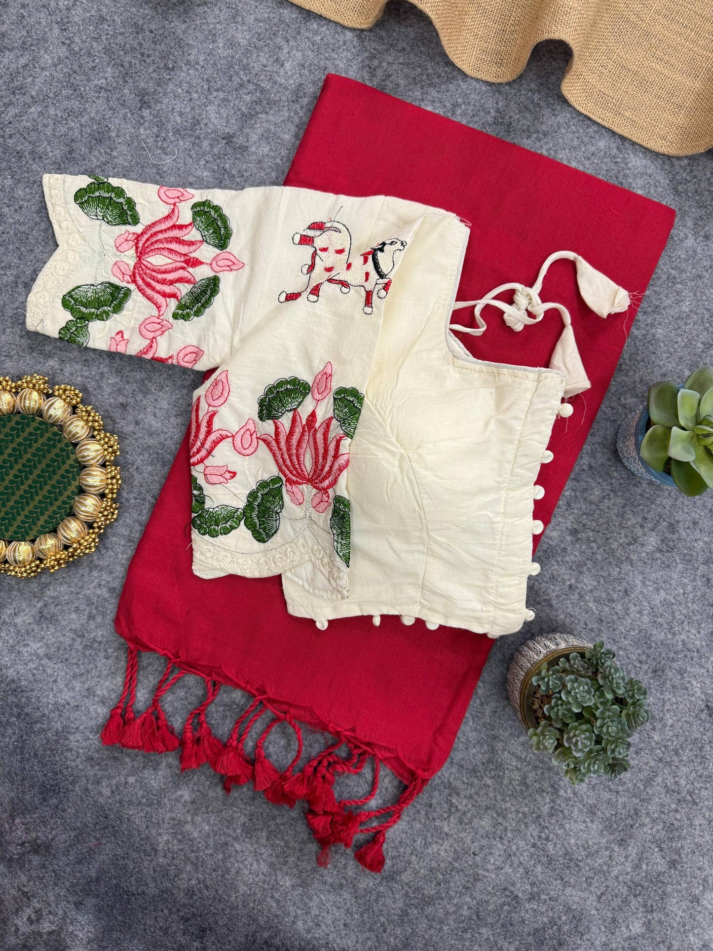 Khadi Cotton Heavy Embroidery with Aura Cotton With Designer Embroidery Blouse
