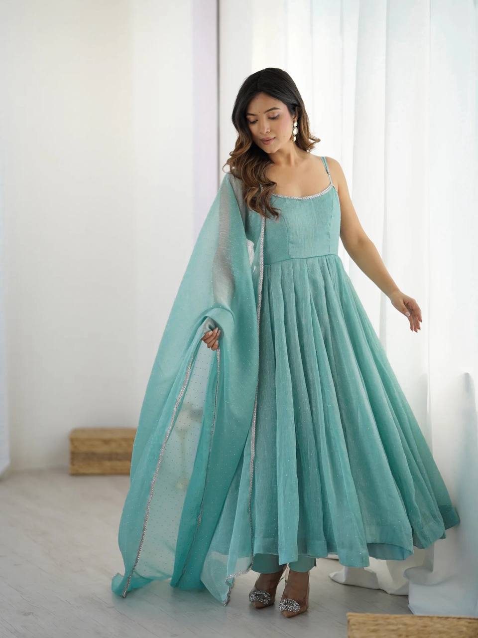 Crunchy Silk Sirozki Work Anarkali Dupatta Set