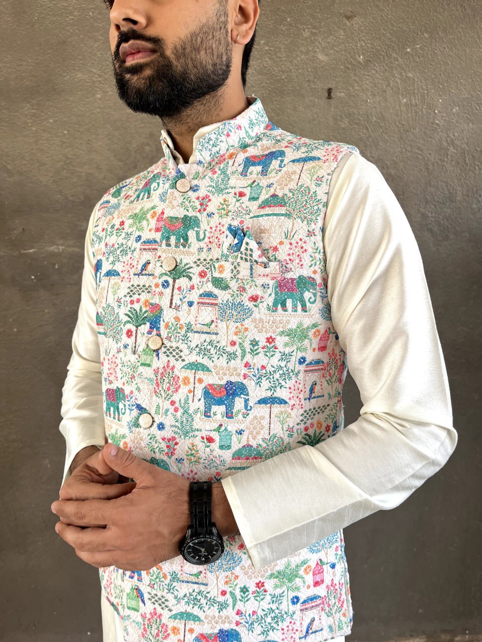 MENS'S KURTA PAJAM WITH JACKET SEQUNCE WORK AND PRINT