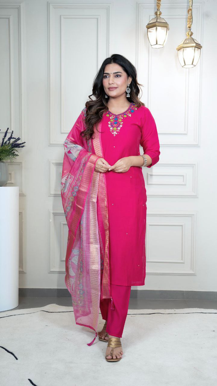 Roman Silk New Designer Kurti Pant Dupatta Set