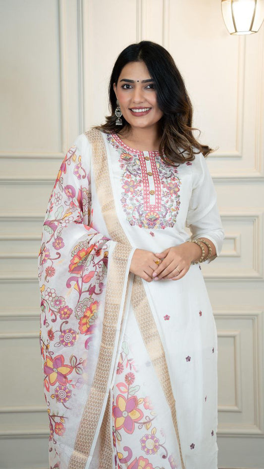 Roman Silk Multicolor Embroidery with Sequence Work Suit