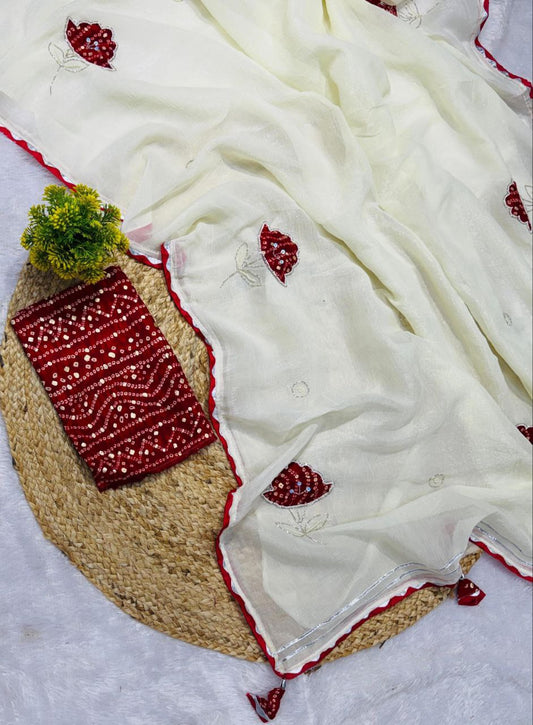 Frendy chiffon Sattin Bandhani Butta Saree