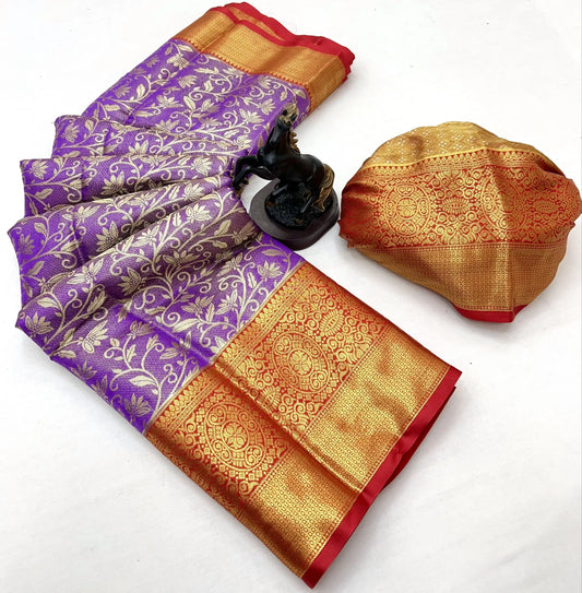 Lavender & Red Kanjivaram Semi Silk Bridal Saree