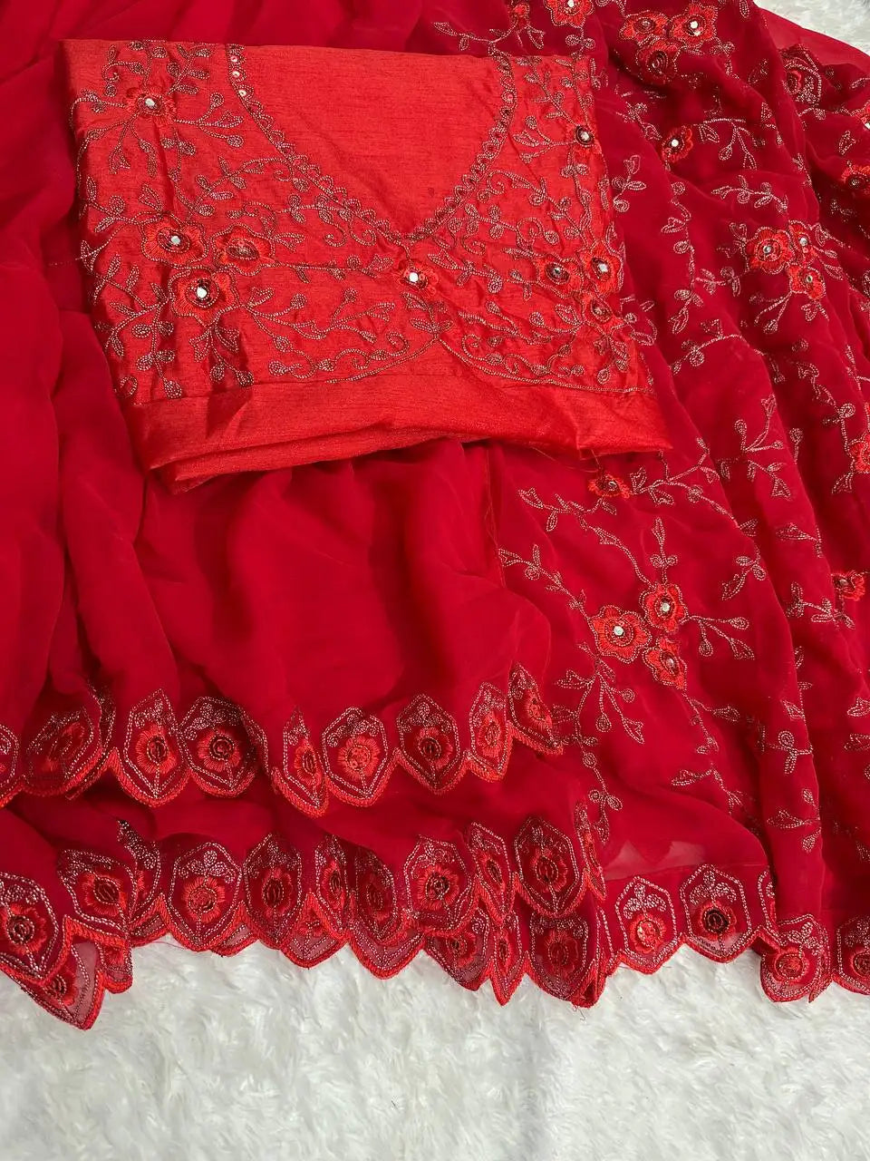 Ruffle (Frill) Soft Georgette Saree with Embroidery, Real Mirror Work & Cut Work Lace Border | VT-792