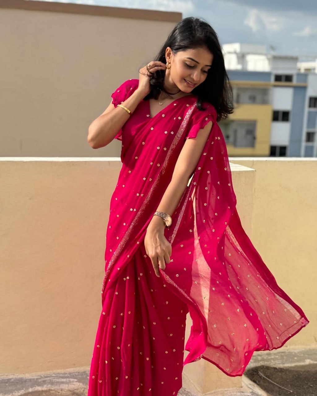 Pure Viscose Satin Border Georgette Saree With Running Blouse