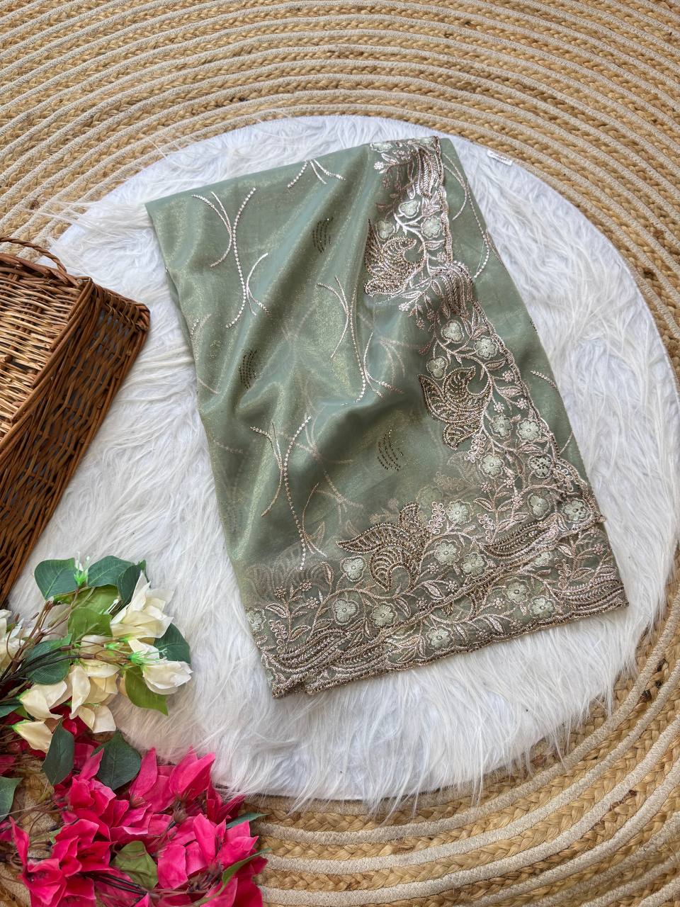 Pure Tissue Silk in solid color Saree With Embroidery viscose thread work with zarkhan