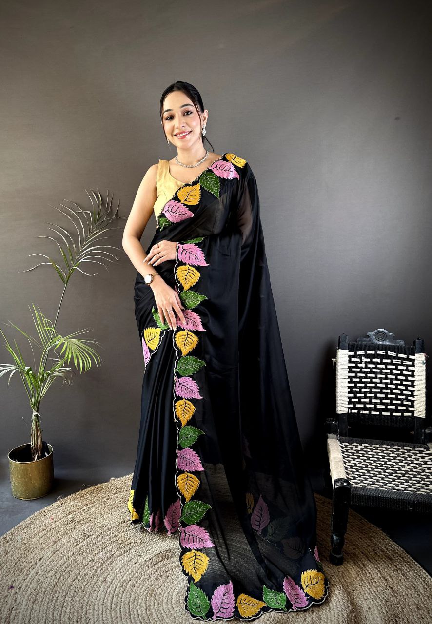 Multicolor Leaf Embroidery Saree in Rangoli Silk