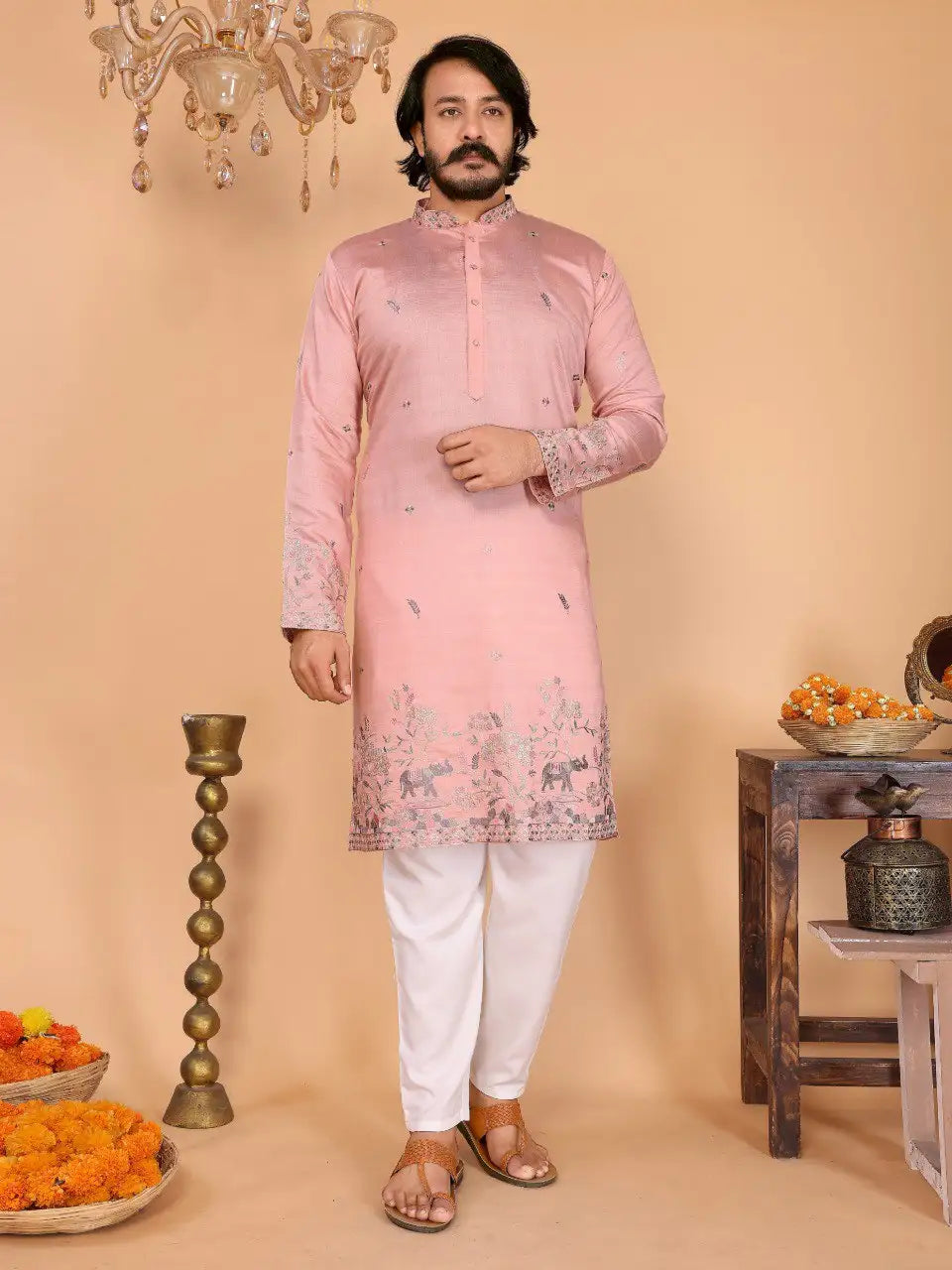 Men's Embroidered Linen Kurta Pyjama Set - Wedding & Festive Wear Vantara-05