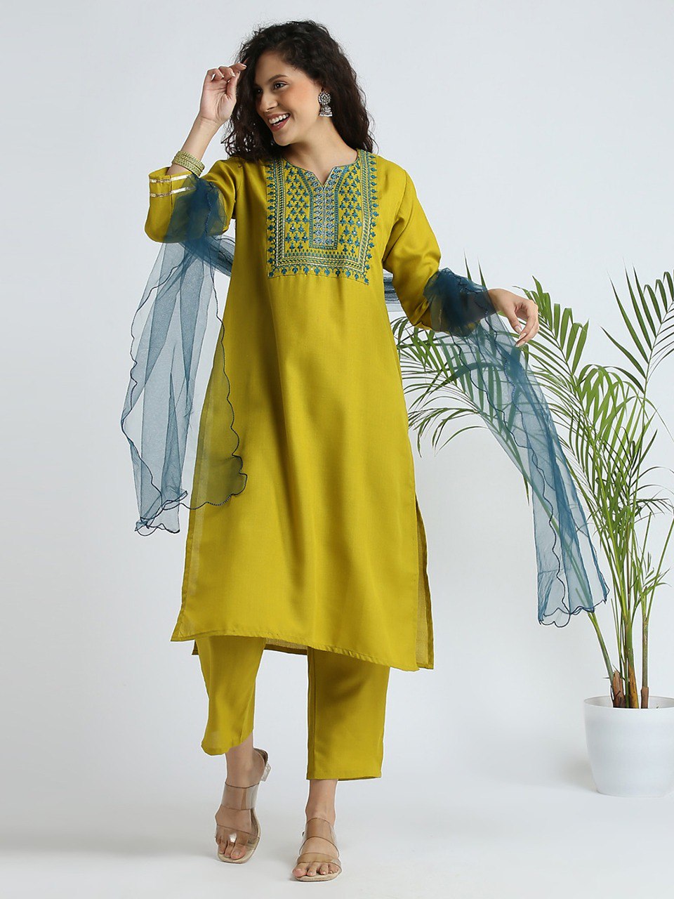Slub Cotton Fully Stitched Ethnic Set with Dupatta