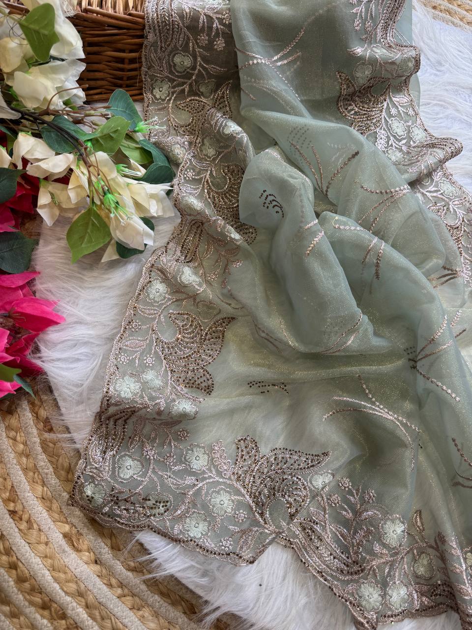 Pure Tissue Silk in solid color Saree With Embroidery viscose thread work with zarkhan